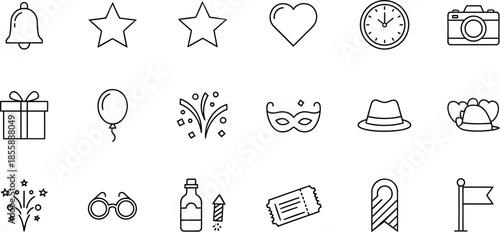Collection of Party and Celebration Icons in Line Art Style bell star