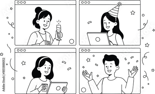Four People Celebrating Virtually on a Video Call with Party Elements celebration online
