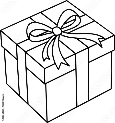Isometric Black and White Line Drawing of a Gift Box with Bow Keywords: gift, present, box, ribbon, bow, wrapped, celebration, birthday, holiday