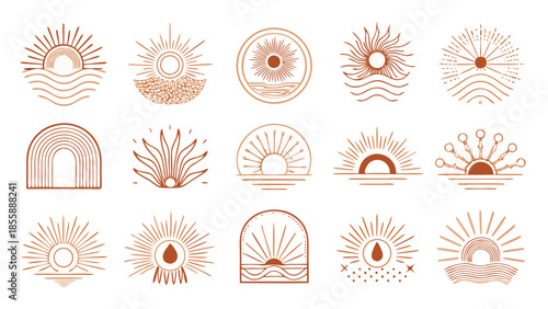 Bohemian sun. Abstract boho suns and arc windows, sunburst. Bohemian minimalist line sunrise and sunset in water of sea waves. Vector mystic outline icons and logo
