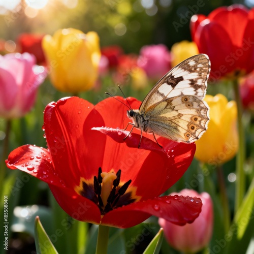 빨간튤립위의나비_봄정원풍경