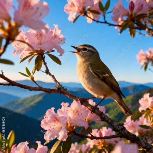 철쭉나무에앉아노래하는작은새와봄산풍경