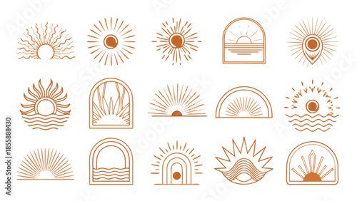 Bohemian sun. Abstract boho suns and arc windows, sunburst. Bohemian minimalist line sunrise and sunset in water of sea waves. Vector mystic outline icons and logo
