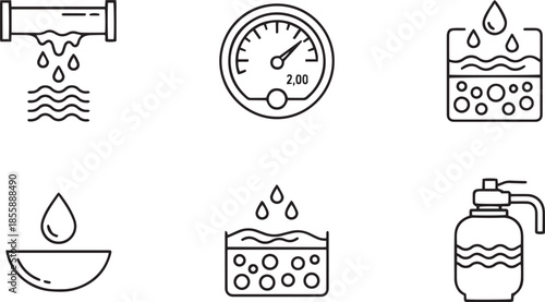 Water flow meter and purification representing liquid measurement and cleaning processes in a clean line style