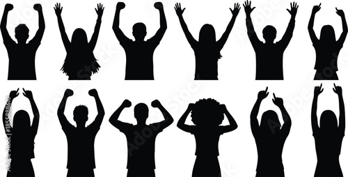 Silhouette Crowd of People with Arms Raised in Celebration vector illustration