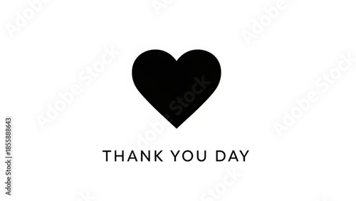 Black heart symbol with thank you day text on white background, appreciation and gratitude concept, simple graphic design element for social media, greeting card