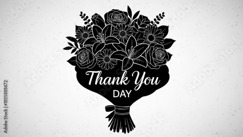 Black and white bouquet of flowers with thank you day message on gray background, elegant floral arrangement for appreciation and gratitude