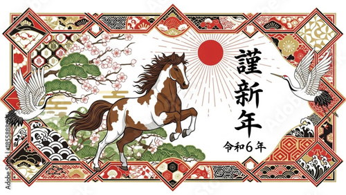 Vibrant japanese new year card with prancing horse, cherry blossoms, cranes, and sunburst design elements
