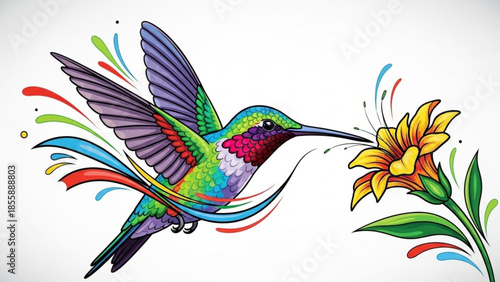 Vibrant hummingbird in flight, sipping nectar from colorful flower with dynamic splashes