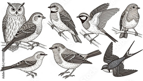 Eight birds including an owl on and flying near tree branches in a detailed illustration