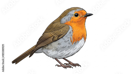 Vibrant orange and gray bird with brown wings standing on white background