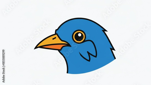 Vibrant blue cartoon bird head with yellow beak and black outline on white background