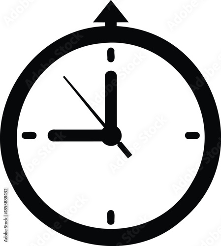 Black Clock Icon Showing 9O' Clock with Up Arrow time watch