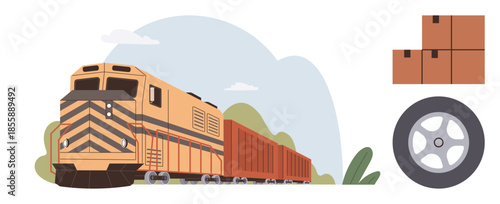 Freight train on tracks with cargo wagon, stacked shipping boxes, and train wheel. Ideal for logistics, transportation, shipping, delivery, supply chain trade commerce themes. Simple flat metaphor