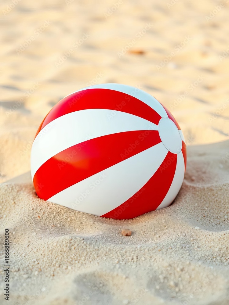 Obraz premium Bright red and white striped beach ball resting on warm, soft sand, toy, seaside