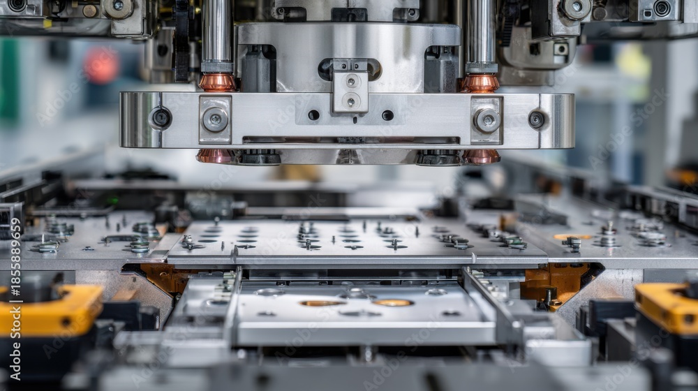 Fototapeta premium Medium shot highlighting the synchronized operation of roboticsassisted stamping press ensuring accuracy and efficiency in production.