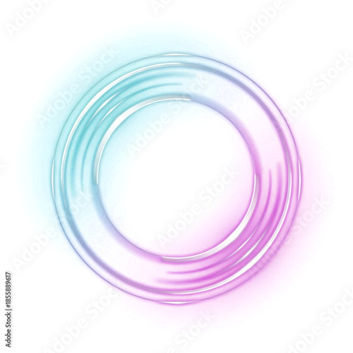 Neon pink and blue gradient brushstroke, abstract metallic circles frame element, retro 80s aesthetic graphic design