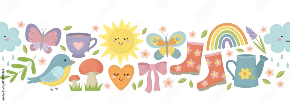 Naklejka premium Seamless border with spring elements in pastel colors. Horizontal pattern with rubber boots, cup, bird, flowers, cloud, sun, rainbow, watering can, butterflies