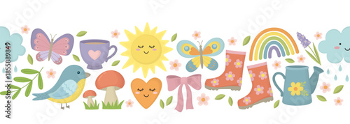 Seamless border with spring elements in pastel colors. Horizontal pattern with rubber boots, cup, bird, flowers, cloud, sun, rainbow, watering can, butterflies