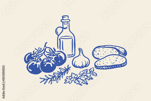 Tomatoes garlic bread olive oil doodle line art vector illustration