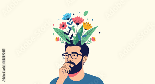 A thoughtful man with a beard and glasses has colorful flowers and leaves growing from his head symbolizing creativity and growth.