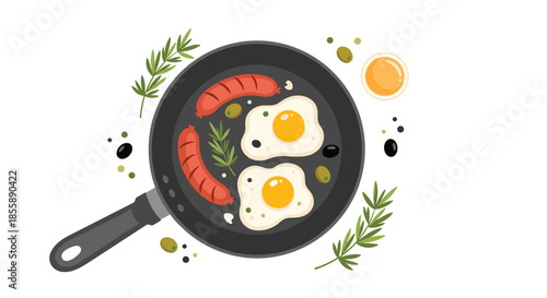 Top-down view of a classic breakfast with fried eggs and sausages cooking in a black skillet garnished with fresh rosemary.