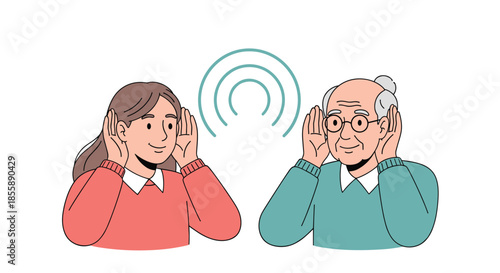 A young woman and an elderly man cupping their hands to their ears representing communication across generations and hearing issues.
