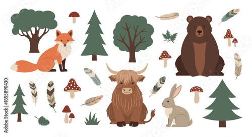 A collection of charming woodland forest animals and elements including a bear fox rabbit and highland cow with trees and mushrooms.