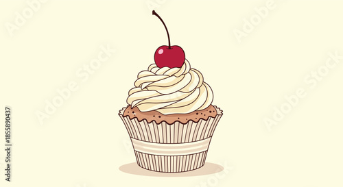 A delicious cartoon cupcake with swirled vanilla frosting and a red cherry on top in a striped paper liner illustration.
