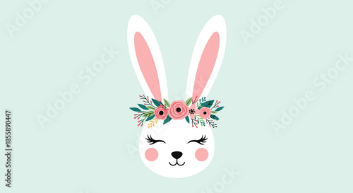 Adorable cartoon white bunny face with closed eyes wearing a beautiful pink and green floral crown on a light blue background.