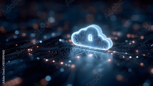 Secure cloud technology illustration showing data protection, cybersecurity, and digital encryption on a futuristic circuit board for modern online privacy and network safety solutions.