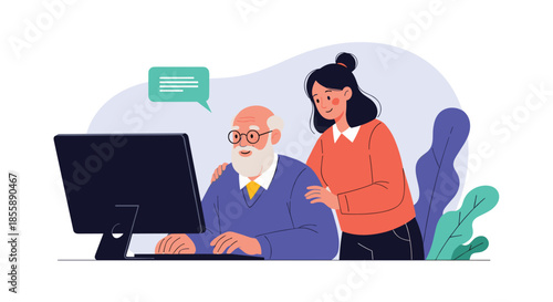 Young woman patiently helps an elderly man learn how to use a computer in a supportive intergenerational learning concept.