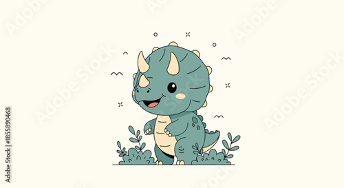 Cute cartoon baby triceratops dinosaur smiling and standing among green bushes on a light cream colored background illustration.