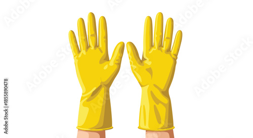 Illustration of two hands wearing bright yellow rubber gloves for cleaning or protection isolated on a white background.