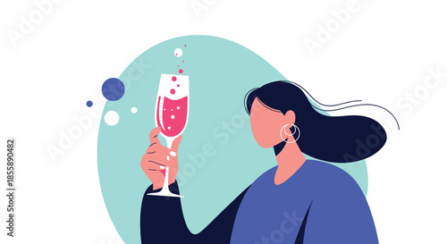 Stylish illustration of a woman holding up a glass of sparkling pink champagne or wine to make a celebratory toast.