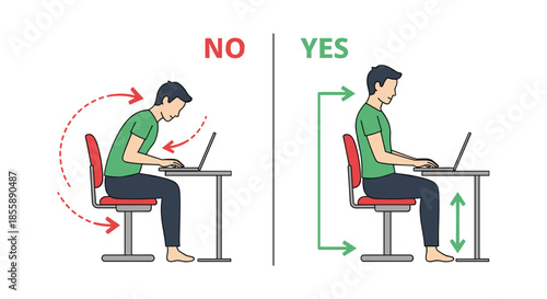 Informative diagram comparing the wrong hunched posture versus the correct ergonomic way to sit at a desk with a laptop.