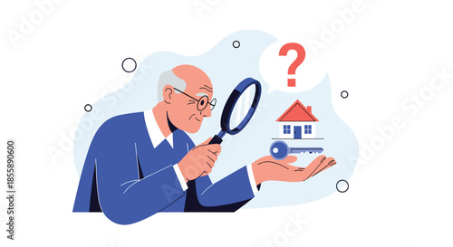 Elderly man using a magnifying glass to inspect a house and key symbolizing retirement real estate and property questions.