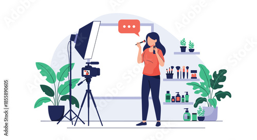 Female beauty blogger recording a makeup tutorial video with a camera on a tripod and professional lighting equipment.