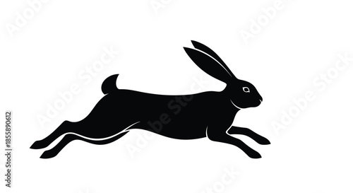 Dynamic black silhouette of a running or jumping rabbit or hare isolated against a clean solid white background.