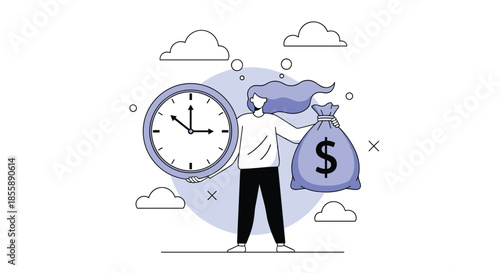 Time is money business concept showing a woman holding a large clock and a bag of money illustrating financial efficiency.