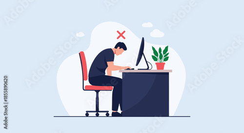 Illustration showing a man with incorrect slumped posture while working at a computer desk indicating a risk of back pain.