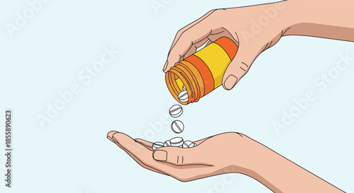 A person's hands pouring white pills from a prescription bottle into their open palm for medication or treatment concept.