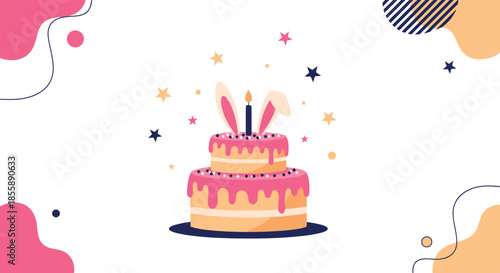 A festive two-tier birthday cake with pink frosting a candle and bunny ears on a decorative abstract background with stars.