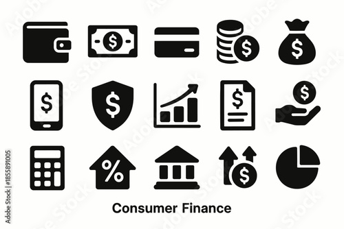 Consumer finance icons: wallet, money, credit card, savings, investment, banking