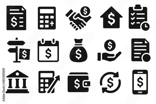 Financial icons: budgeting, investment, savings, transaction, and banking symbols