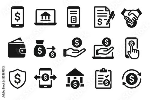 Financial icons set featuring money, banking, transactions, and digital payments