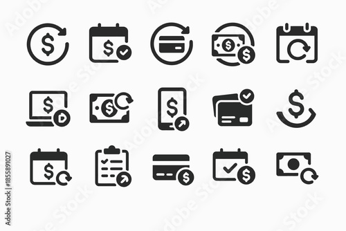 Currency and payment icon set featuring financial symbols and digital transactions
