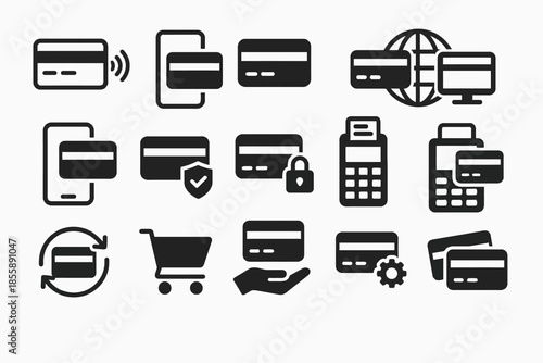 Credit card and payment icons set with shopping and security symbols