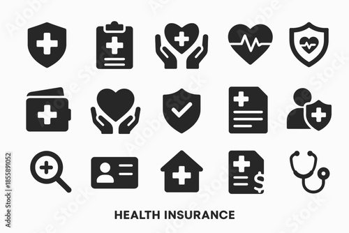 Health insurance icons: medical, policy, heartbeat, id card, security