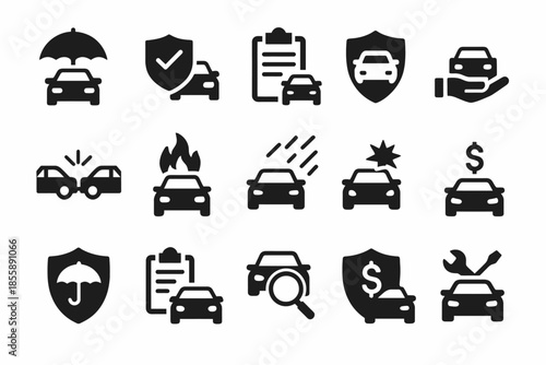 Car insurance icons: coverage, claims, safety, and protection